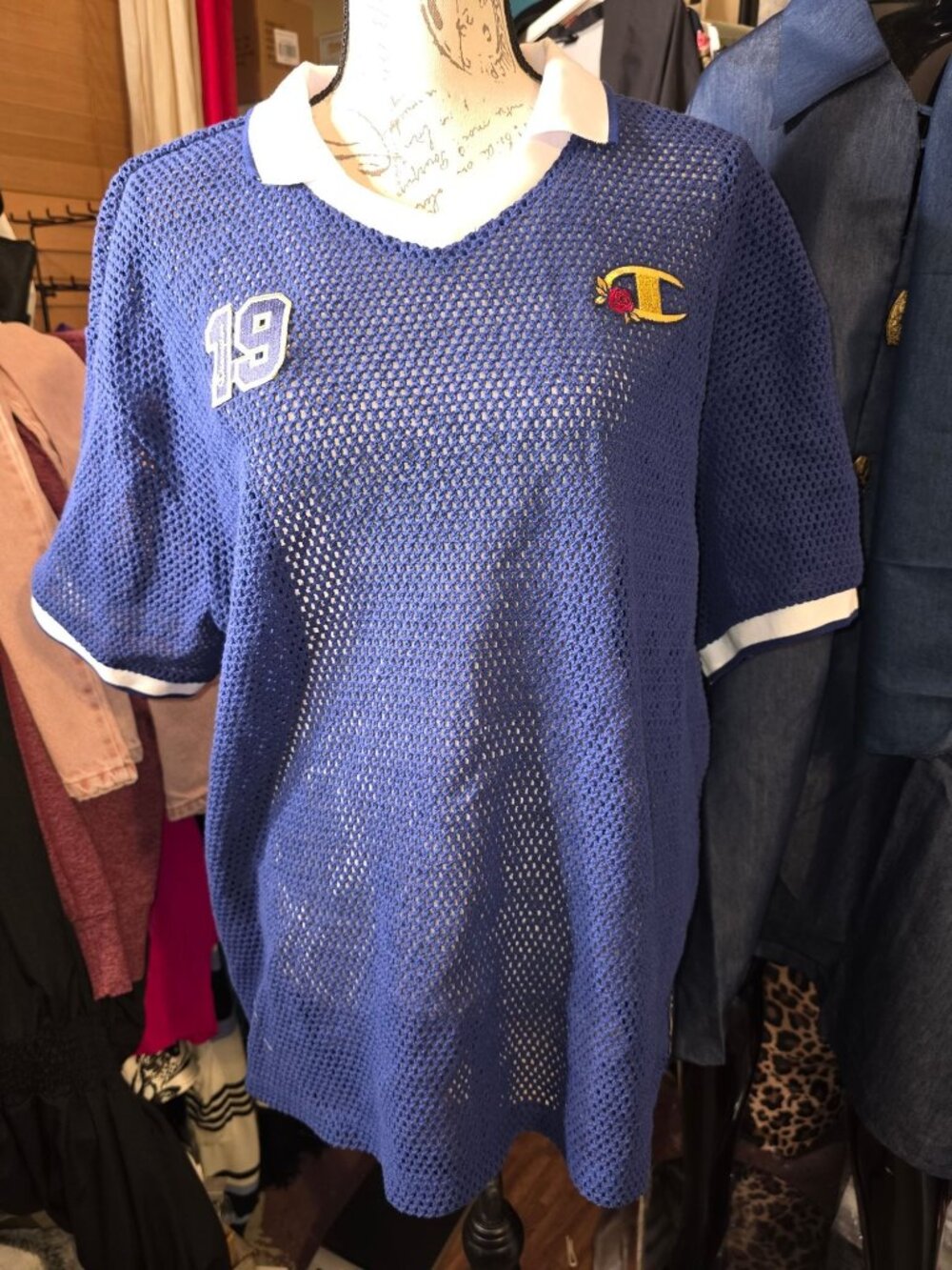 Champion Royal Blue Mesh Polo Shirt With Embroidered Details Loose Fit Size L 10